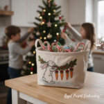 Christmas Bunny Decorating a Fir Garland with Carrot Ornaments Machine Embroidery Design - 4 Sizes