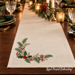 Large Christmas Holly & Berry Corner Machine Embroidery Design – 5 Sizes