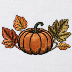 Fall Pumpkin with Golden and Olive-Green Leaves Machine Embroidery Design - 4 Sizes