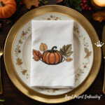 Fall Pumpkin with Golden and Olive-Green Leaves Machine Embroidery Design - 4 Sizes