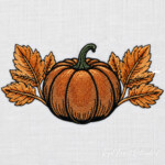 Fall Pumpkin with Golden Leaves Machine Embroidery Design - 4 Sizes