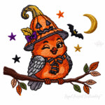 Halloween Owl in a Pumpkin Witch Hat Machine Embroidery Design – 4 Sizes