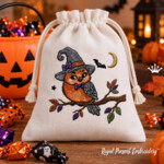 Halloween Witch Owl on an Autumn Branch Machine Embroidery Design – 4 Sizes