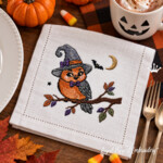 Halloween Witch Owl on an Autumn Branch Machine Embroidery Design – 4 Sizes