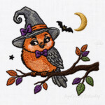 Halloween Witch Owl on an Autumn Branch Machine Embroidery Design – 4 Sizes