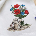 Rabbit with a bouquet of poppies daisies and cornflowers - 5 sizes