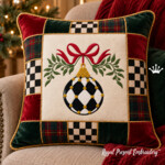 Motif de broderie à la machine : grande décoration de Noël à carreaux avec nœud et feuillage – 4 tailles