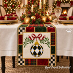 Large Checkered Christmas Ornament with Bow and Greenery Machine Embroidery Design – 4 Sizes