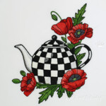 Checkered teapot with poppies - 4 sizes