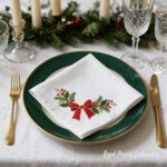 Digital machine embroidery design with a horizontal Christmas greenery arrangement. A full red bow outlined in gold sits in the centre, surrounded by fir sprigs, deep green holly leaves, red berries, brown branches and olive-gold twigs. The motif is planned for the centre of a napkin, a towel band, a table runner, a cushion front or another flat festive textile panel. The archive contains four original ready-to-stitch file sizes for an embroidery machine; it is not a finished textile product.