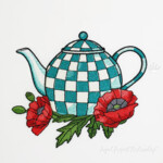 Checkered Turquoise Teapot with poppies - 4 sizes