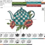 Checkered Turquoise Teapot with poppies - 4 sizes