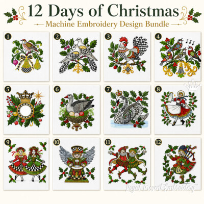 Twelve Days of Christmas mini machine embroidery bundle with all twelve holiday motifs