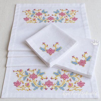 Ensemble de bordure et coins floraux vintage à volutes – Broderie machine, 4 tailles
