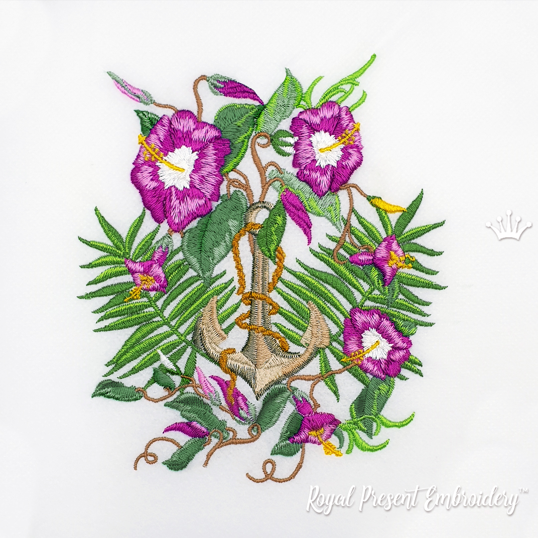 Machine Embroidery Design Exotic Flowers And Anchor   2 Sizes| Royal