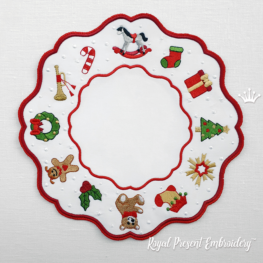 Christmas toys table placemat ITH machine embroidery design 2 sizes Royal Present Embroidery